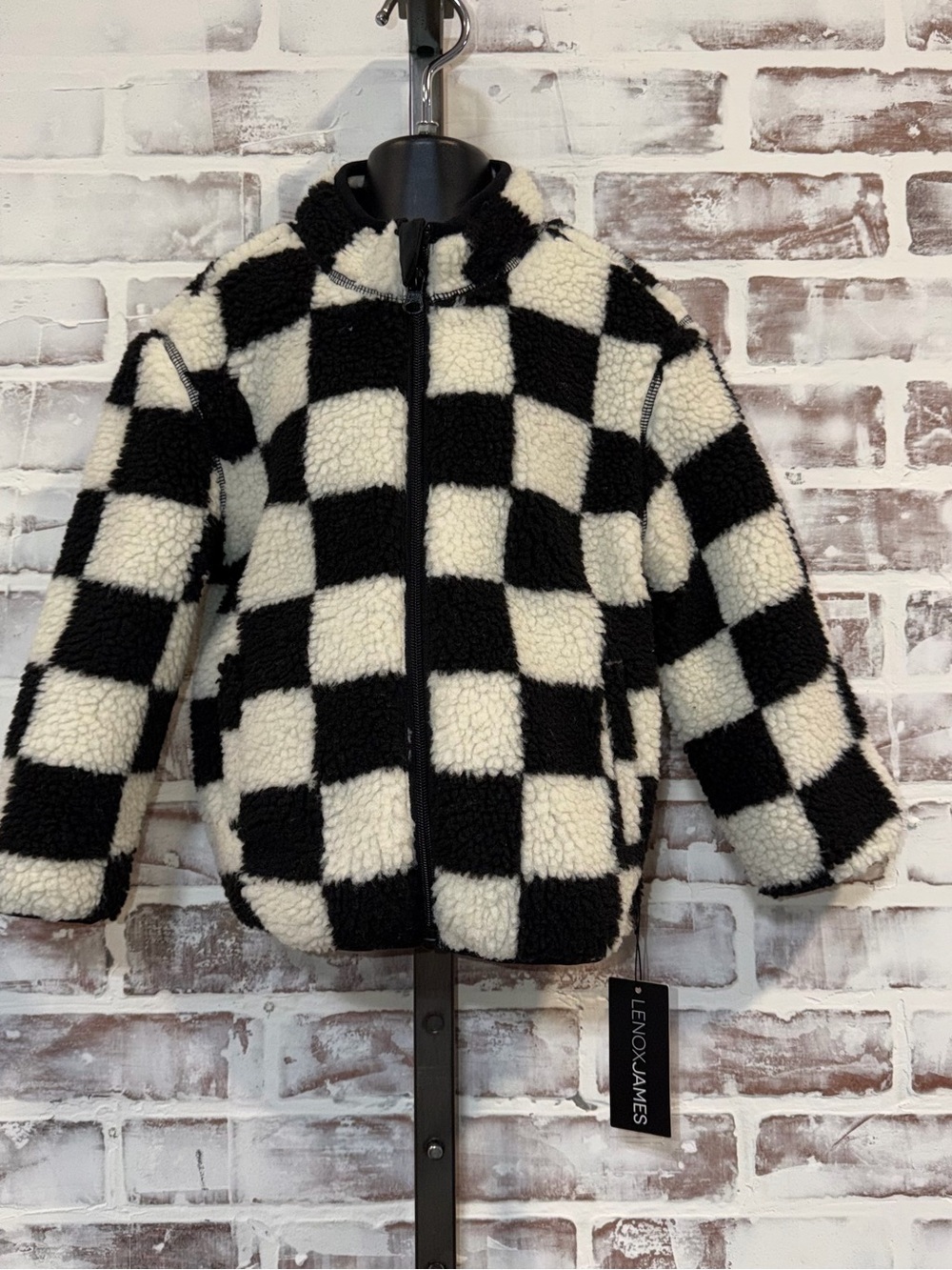 Kids Black & White Checkered Sherpa Jacket 4T